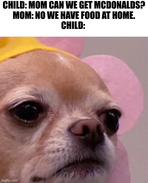 Seriously? | CHILD: MOM CAN WE GET MCDONALDS?
MOM: NO WE HAVE FOOD AT HOME.
CHILD: | image tagged in nuggies,doggo | made w/ Imgflip meme maker