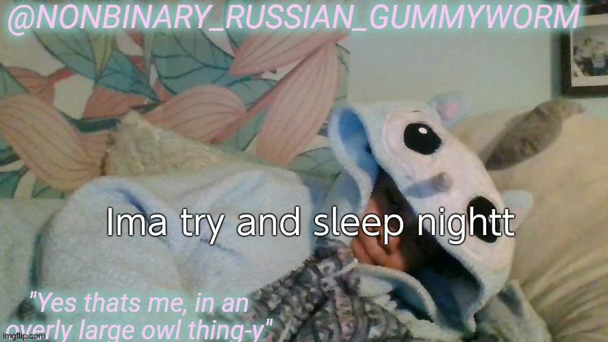 Goodnight my Gummines an Owlets | Ima try and sleep nightt | image tagged in gummyworm's overly large owl thingy temp | made w/ Imgflip meme maker