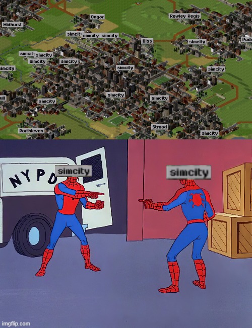 Simutran ran out of names | image tagged in spiderman pointing at spiderman,simutran,simcity,video games | made w/ Imgflip meme maker