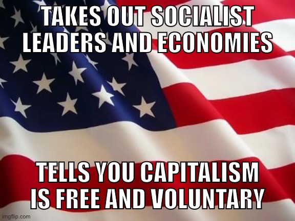 Stop Global Capitalism! | TAKES OUT SOCIALIST LEADERS AND ECONOMIES; TELLS YOU CAPITALISM IS FREE AND VOLUNTARY | image tagged in american flag,communism,socialism,capitalism,war,united states | made w/ Imgflip meme maker