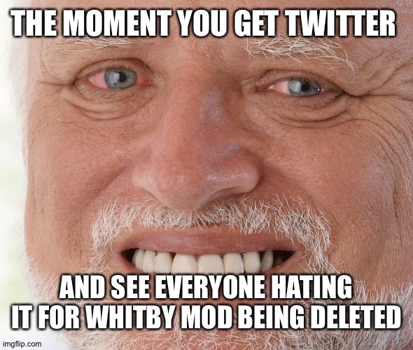 Hide the Pain Harold | THE MOMENT YOU GET TWITTER AND SEE EVERYONE HATING IT FOR WHITBY MOD BEING DELETED | image tagged in hide the pain harold | made w/ Imgflip meme maker