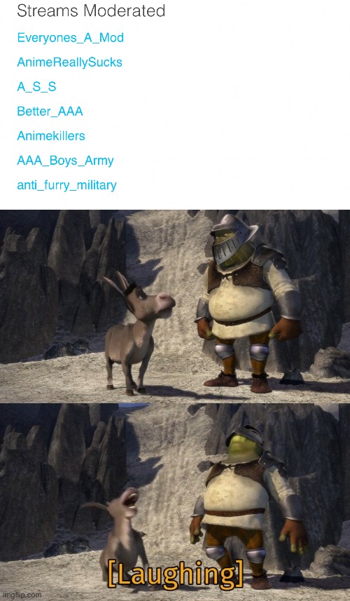 There is an anti-furry-military? LMFAO (their last post was 2 months ago and there are only 3 posts) | image tagged in donkey and shrek laughing | made w/ Imgflip meme maker