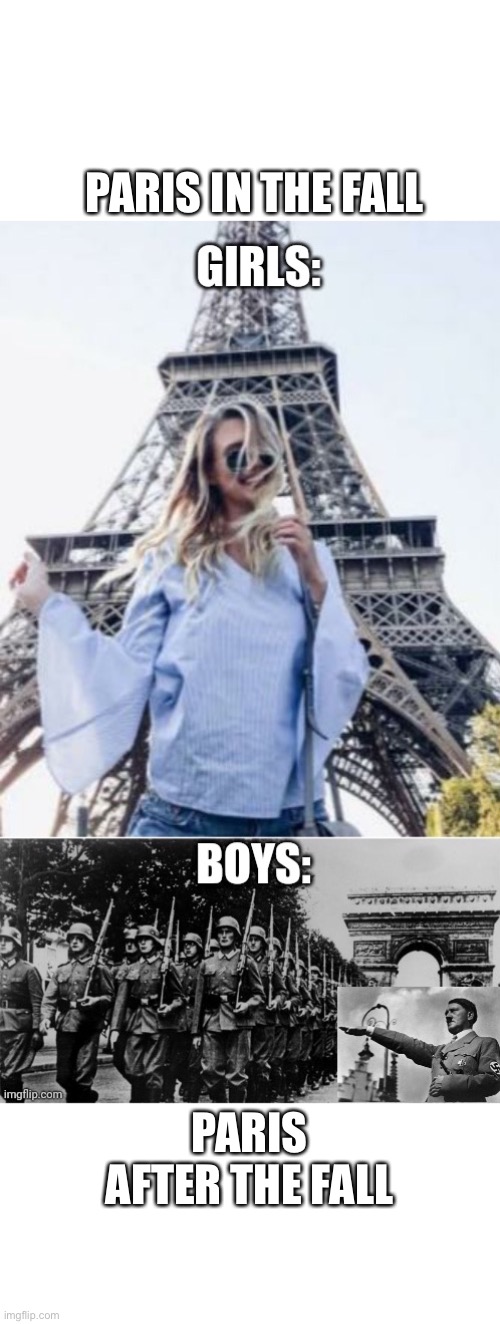 Paris in the fall vs Paris after the fall |  PARIS IN THE FALL; PARIS AFTER THE FALL | image tagged in what would you choose,paris,boys vs girls,nazi | made w/ Imgflip meme maker