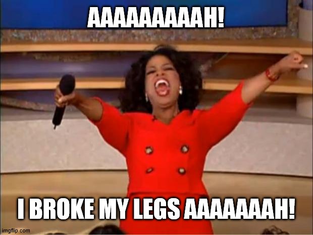 Oprah You Get A Meme | AAAAAAAAAH! I BROKE MY LEGS AAAAAAAH! | image tagged in memes,oprah you get a | made w/ Imgflip meme maker