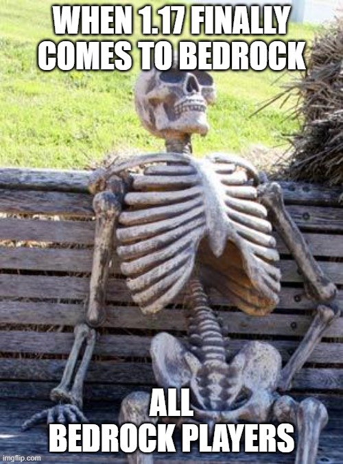 Waiting Skeleton Meme | WHEN 1.17 FINALLY COMES TO BEDROCK; ALL BEDROCK PLAYERS | image tagged in memes,waiting skeleton | made w/ Imgflip meme maker