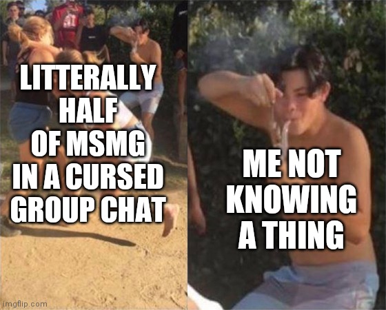Am i supposed to feel good? | LITTERALLY HALF OF MSMG IN A CURSED GROUP CHAT; ME NOT KNOWING A THING | image tagged in two girls fighting | made w/ Imgflip meme maker