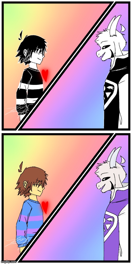 Asriel vs Frisk with and without colors | image tagged in asriel,frisk,battle,colors | made w/ Imgflip meme maker