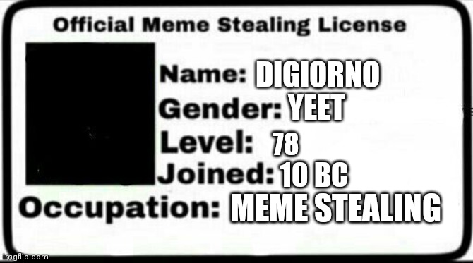 Yeet | DIGIORNO; YEET; 78; 10 BC; MEME STEALING | image tagged in meme stealing license | made w/ Imgflip meme maker