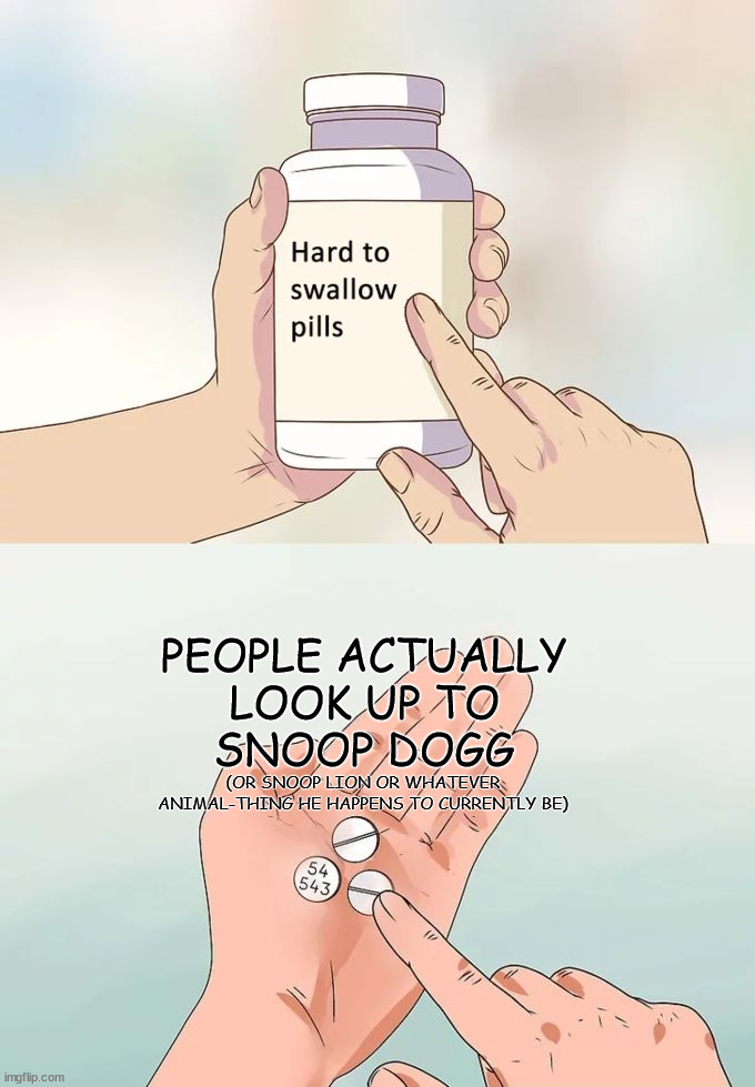 Fo real doe... | PEOPLE ACTUALLY
LOOK UP TO
SNOOP DOGG; (OR SNOOP LION OR WHATEVER ANIMAL-THING HE HAPPENS TO CURRENTLY BE) | image tagged in memes,hard to swallow pills,snoop,snoop dogg,snoop lion,overrated | made w/ Imgflip meme maker