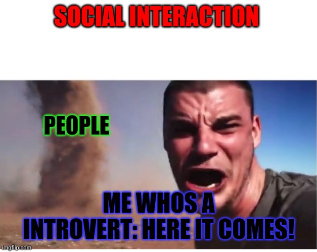 Bruh | SOCIAL INTERACTION; PEOPLE; ME WHOS A INTROVERT: HERE IT COMES! | image tagged in here it come meme | made w/ Imgflip meme maker