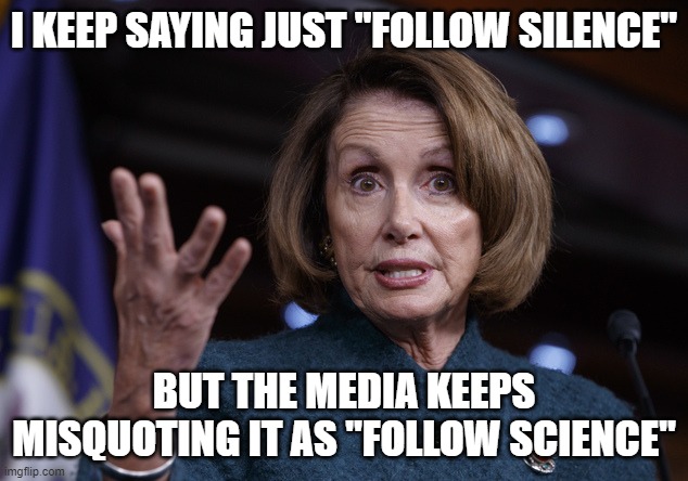 Good old Nancy Pelosi | I KEEP SAYING JUST "FOLLOW SILENCE"; BUT THE MEDIA KEEPS MISQUOTING IT AS "FOLLOW SCIENCE" | image tagged in good old nancy pelosi | made w/ Imgflip meme maker
