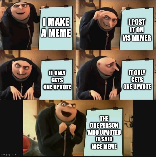 Jsu | I MAKE A MEME; I POST IT ON MS MEMER; IT ONLY GETS ONE UPVOTE; IT ONLY GETS ONE UPVOTE; THE ONE PERSON WHO UPVOTED IT SAID NICE MEME | image tagged in 5 panel gru meme | made w/ Imgflip meme maker