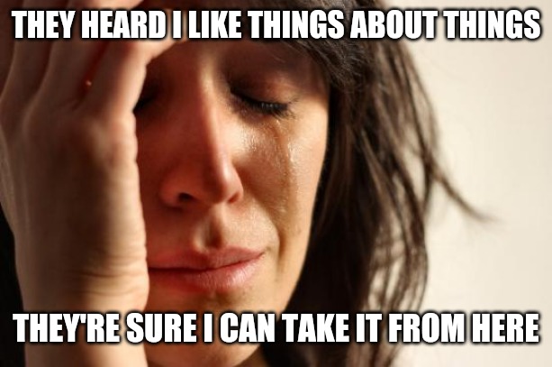 THREE | THEY HEARD I LIKE THINGS ABOUT THINGS; THEY'RE SURE I CAN TAKE IT FROM HERE | image tagged in memes,first world problems | made w/ Imgflip meme maker
