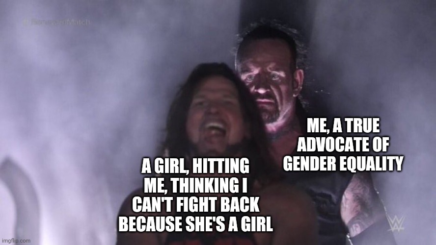 Gender Equality, Tender Equality | ME, A TRUE ADVOCATE OF GENDER EQUALITY; A GIRL, HITTING ME, THINKING I CAN'T FIGHT BACK BECAUSE SHE'S A GIRL | image tagged in aj styles undertaker | made w/ Imgflip meme maker