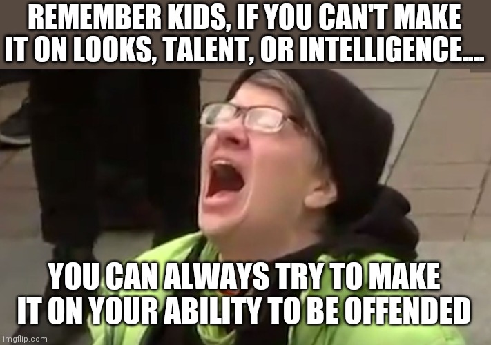 Wonder what her take home pay is? | REMEMBER KIDS, IF YOU CAN'T MAKE IT ON LOOKS, TALENT, OR INTELLIGENCE.... YOU CAN ALWAYS TRY TO MAKE IT ON YOUR ABILITY TO BE OFFENDED | image tagged in screaming liberal,woke,the meaning of life,no one cares | made w/ Imgflip meme maker
