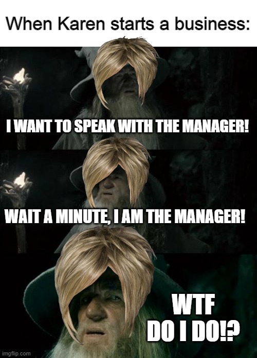 Confused Karenfalf | When Karen starts a business:; I WANT TO SPEAK WITH THE MANAGER! WAIT A MINUTE, I AM THE MANAGER! WTF DO I DO!? | image tagged in memes,confused gandalf,karen,karens,funny memes | made w/ Imgflip meme maker