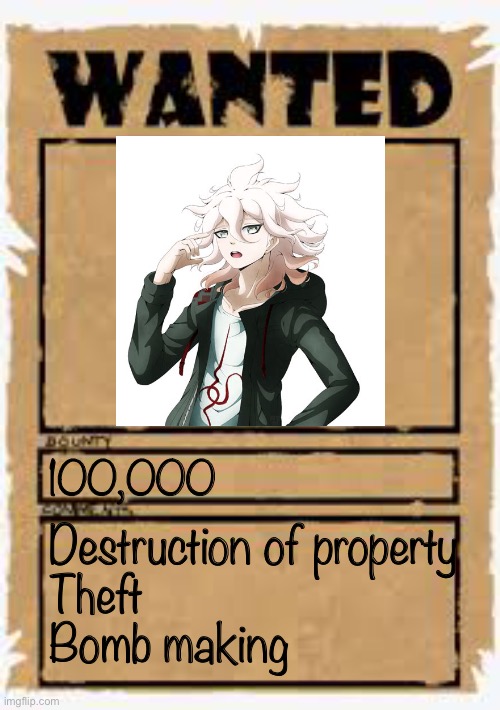 Name: Nagito Komaeda, has some… Pschotic tendencies | 100,000; Destruction of property
Theft
Bomb making | image tagged in wanted poster deluxe | made w/ Imgflip meme maker