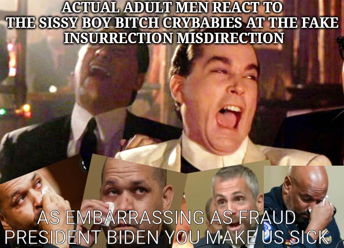 Good Fellas Hilarious | ACTUAL ADULT MEN REACT TO THE SISSY BOY BITCH CRYBABIES AT THE FAKE
 INSURRECTION MISDIRECTION; AS EMBARRASSING AS FRAUD PRESIDENT BIDEN YOU MAKE US SICK | image tagged in memes,good fellas hilarious,crybaby,embarrassing,bitches | made w/ Imgflip meme maker