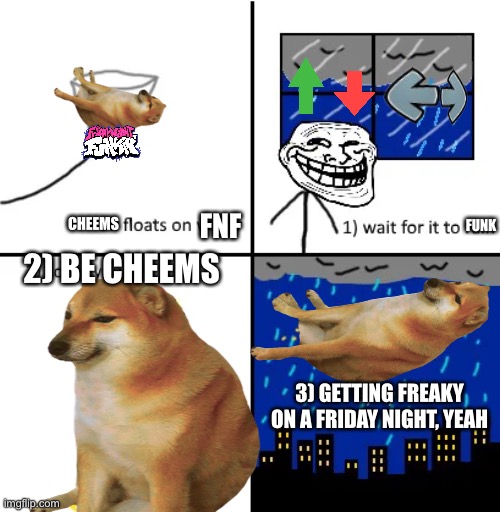 FNF; FUNK; CHEEMS; 2) BE CHEEMS; 3) GETTING FREAKY ON A FRIDAY NIGHT, YEAH | image tagged in fnf,friday night funkin,cheems,oil,cover yourself in oil,be cheems | made w/ Imgflip meme maker