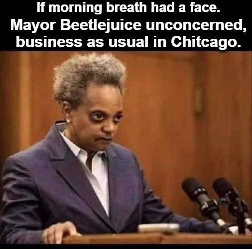 If morning breath had a face. | If morning breath had a face. Mayor Beetlejuice unconcerned, business as usual in Chitcago. | image tagged in mayor beetlejuice,lori lightfoot,chitcago,shitcago,chicago,shithole | made w/ Imgflip meme maker