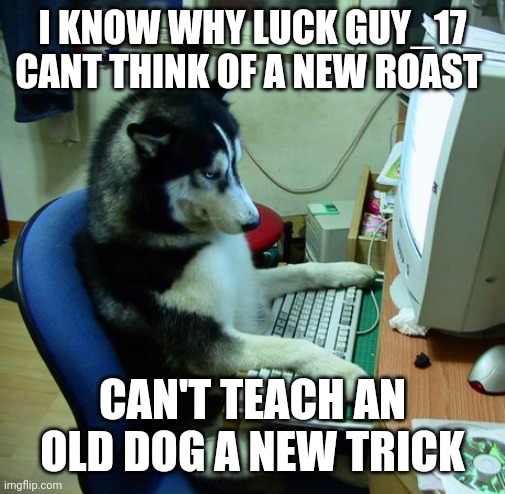 I Have No Idea What I Am Doing Meme | I KNOW WHY LUCK GUY_17 CANT THINK OF A NEW ROAST; CAN'T TEACH AN OLD DOG A NEW TRICK | image tagged in memes,i have no idea what i am doing,stupid people | made w/ Imgflip meme maker