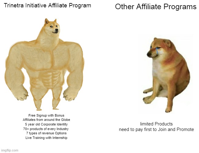 Affiliate marketing | Trinetra Initiative Affiliate Program; Other Affiliate Programs; Free Signup with Bonus
Affiliates from around the Globe
5 year old Corporate Identity
70+ products of every Industry 
7 types of revenue Options
Live Training with Internship; limited Products
need to pay first to Join and Promote | image tagged in memes,buff doge vs cheems | made w/ Imgflip meme maker