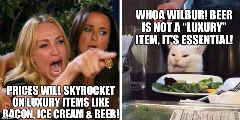 Price Increases on Luxury Items! Beer, Bacon & Ice cream! | WHOA WILBUR! BEER IS NOT A “LUXURY” ITEM, IT’S ESSENTIAL! PRICES WILL SKYROCKET ON LUXURY ITEMS LIKE BACON, ICE CREAM & BEER! | image tagged in smudge the cat,funny memes,inflation on luxury items,beer | made w/ Imgflip meme maker