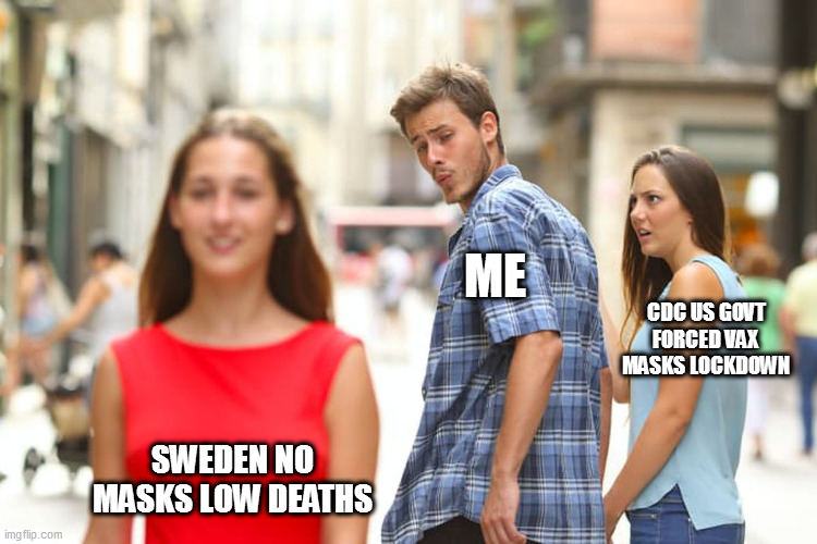 Swedes Have More Fun | ME; CDC US GOVT FORCED VAX MASKS LOCKDOWN; SWEDEN NO MASKS LOW DEATHS | image tagged in memes,distracted boyfriend | made w/ Imgflip meme maker