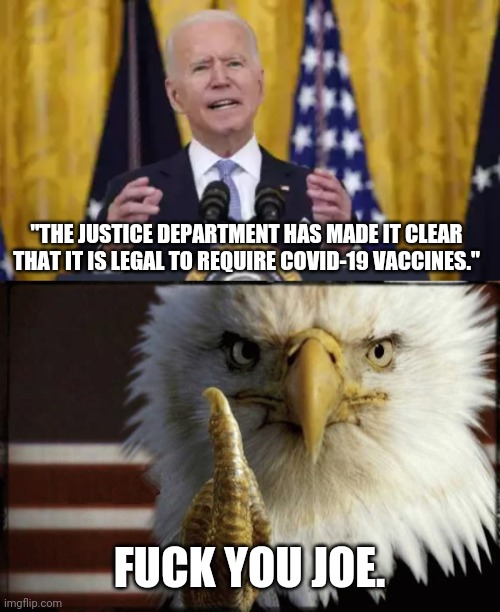 This is the land of the free. Joe must of forgot that. | "THE JUSTICE DEPARTMENT HAS MADE IT CLEAR THAT IT IS LEGAL TO REQUIRE COVID-19 VACCINES."; FUCK YOU JOE. | image tagged in memes | made w/ Imgflip meme maker