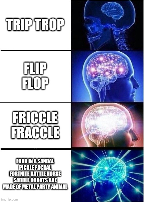 Expanding Brain | TRIP TROP; FLIP FLOP; FRICCLE FRACCLE; FORK IN A SANDAL PICKLE PACKAL FORTNITE BATTLE HORSE SADDLE ROBOTS ARE MADE OF METAL PARTY ANIMAL | image tagged in memes,expanding brain | made w/ Imgflip meme maker