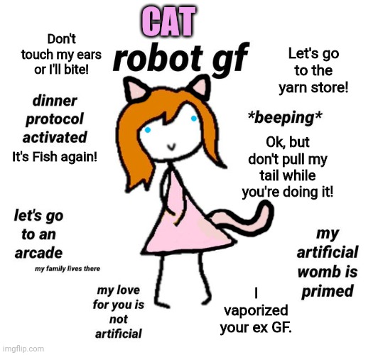 Worst new GF meme | CAT; Don't touch my ears or I'll bite! Let's go to the yarn store! Ok, but don't pull my tail while you're doing it! It's Fish again! I vaporized your ex GF. | image tagged in cat,girl,robot,gf,electrocution | made w/ Imgflip meme maker