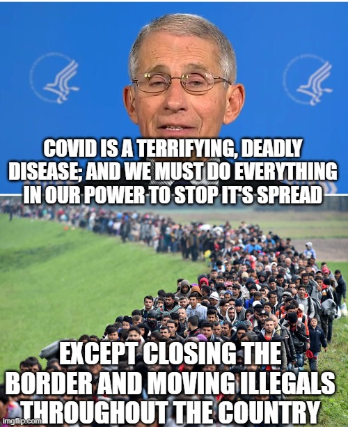 COVID IS A TERRIFYING, DEADLY DISEASE; AND WE MUST DO EVERYTHING IN OUR POWER TO STOP IT'S SPREAD; EXCEPT CLOSING THE BORDER AND MOVING ILLEGALS THROUGHOUT THE COUNTRY | image tagged in dr fauci,muslim-welfare-migrants | made w/ Imgflip meme maker