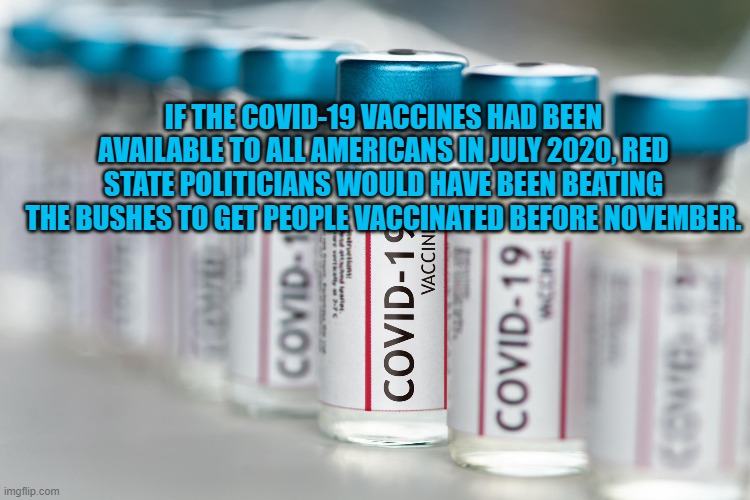 You know they would have! | IF THE COVID-19 VACCINES HAD BEEN AVAILABLE TO ALL AMERICANS IN JULY 2020, RED STATE POLITICIANS WOULD HAVE BEEN BEATING THE BUSHES TO GET PEOPLE VACCINATED BEFORE NOVEMBER. | image tagged in politics | made w/ Imgflip meme maker