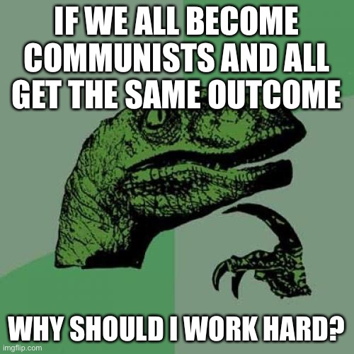 legit question | IF WE ALL BECOME COMMUNISTS AND ALL GET THE SAME OUTCOME; WHY SHOULD I WORK HARD? | image tagged in memes,philosoraptor,funny,communism,work | made w/ Imgflip meme maker
