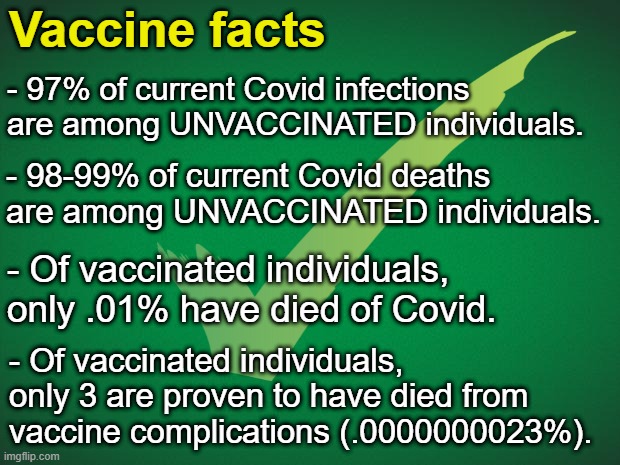 Covid Vaccine Facts | Vaccine facts; - 97% of current Covid infections are among UNVACCINATED individuals. - 98-99% of current Covid deaths are among UNVACCINATED individuals. - Of vaccinated individuals, only .01% have died of Covid. - Of vaccinated individuals, only 3 are proven to have died from vaccine complications (.0000000023%). | image tagged in vaccines,vaccine,vaccination,covid-19,covid19 | made w/ Imgflip meme maker