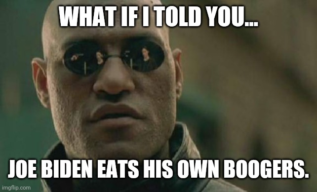 We got a retard in the White House. | WHAT IF I TOLD YOU... JOE BIDEN EATS HIS OWN BOOGERS. | image tagged in memes | made w/ Imgflip meme maker
