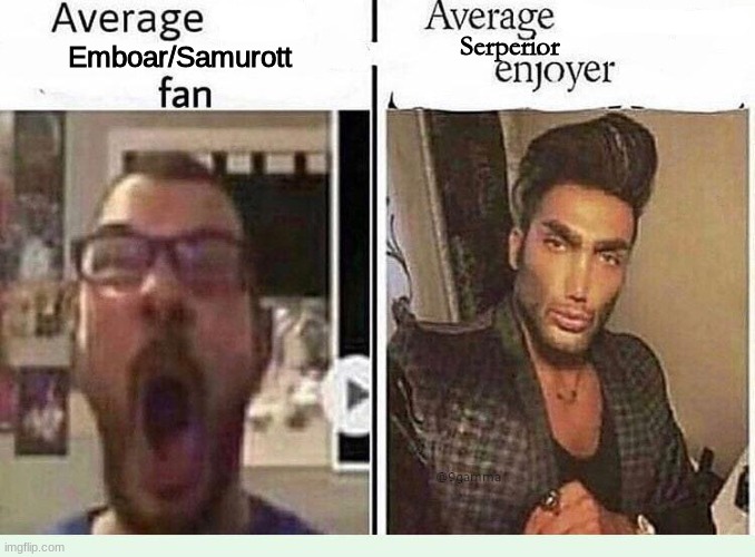 Pokemon Black/White Starters. | Serperior; Emboar/Samurott | image tagged in average blank fan vs average blank enjoyer | made w/ Imgflip meme maker