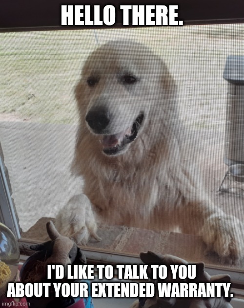  HELLO THERE. I'D LIKE TO TALK TO YOU ABOUT YOUR EXTENDED WARRANTY. | image tagged in warranty | made w/ Imgflip meme maker