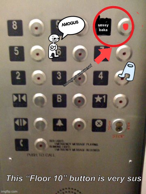SUSSY BAKA 3 | sussy
baka; AMOGUS; amogus moment; This “Floor 10” button is very sus | image tagged in elevator buttons | made w/ Imgflip meme maker