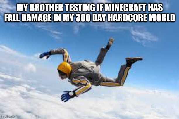 For real tho | MY BROTHER TESTING IF MINECRAFT HAS FALL DAMAGE IN MY 300 DAY HARDCORE WORLD | image tagged in meme is yum,its raining humans | made w/ Imgflip meme maker