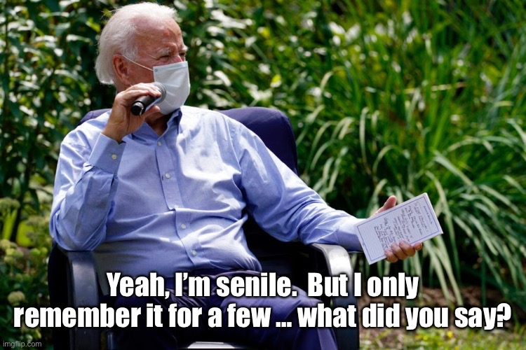 Senile Joe | Yeah, I’m senile.  But I only remember it for a few … what did you say? | image tagged in senile joe | made w/ Imgflip meme maker