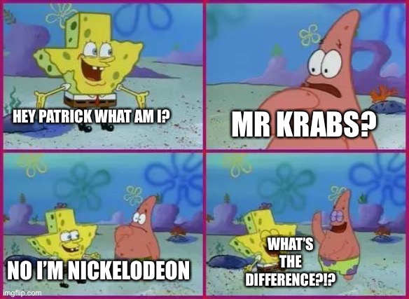 Nigward go brrrr | MR KRABS? HEY PATRICK WHAT AM I? WHAT’S THE DIFFERENCE?!? NO I’M NICKELODEON | image tagged in spongebob texas | made w/ Imgflip meme maker