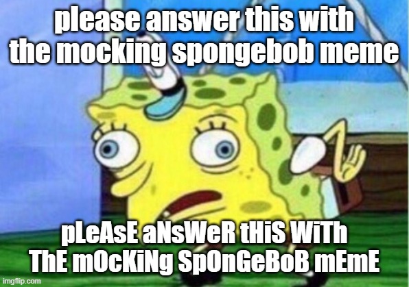 please answer this with the mocking spongebob meme | please answer this with the mocking spongebob meme; pLeAsE aNsWeR tHiS WiTh ThE mOcKiNg SpOnGeBoB mEmE | image tagged in memes,mocking spongebob | made w/ Imgflip meme maker