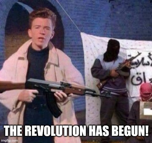 Rick astley starts a revolution | THE REVOLUTION HAS BEGUN! | image tagged in rick astley revolt | made w/ Imgflip meme maker