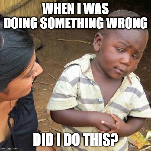 Did I do this? | WHEN I WAS DOING SOMETHING WRONG; DID I DO THIS? | image tagged in memes,third world skeptical kid | made w/ Imgflip meme maker