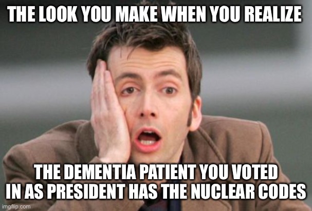 Face palm | THE LOOK YOU MAKE WHEN YOU REALIZE; THE DEMENTIA PATIENT YOU VOTED IN AS PRESIDENT HAS THE NUCLEAR CODES | image tagged in face palm | made w/ Imgflip meme maker