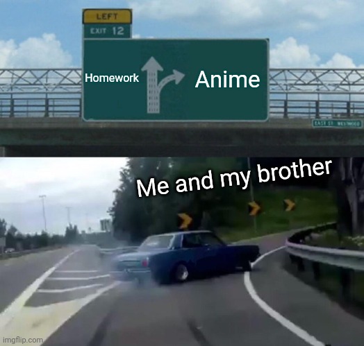 Left Exit 12 Off Ramp Meme | Homework; Anime; Me and my brother | image tagged in memes,left exit 12 off ramp | made w/ Imgflip meme maker