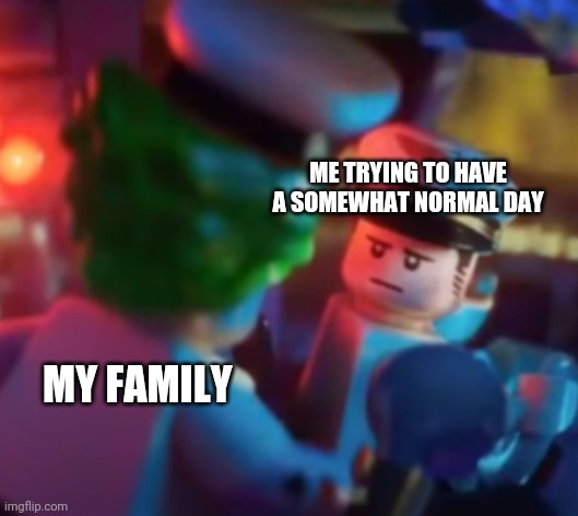 Im going2 brazil | ME TRYING TO HAVE A SOMEWHAT NORMAL DAY; MY FAMILY | image tagged in lego | made w/ Imgflip meme maker