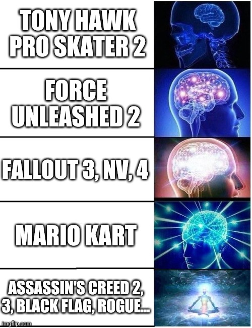 Expanding Brain 5 Panel | TONY HAWK PRO SKATER 2 FORCE UNLEASHED 2 FALLOUT 3, NV, 4 MARIO KART ASSASSIN'S CREED 2, 3, BLACK FLAG, ROGUE... | image tagged in expanding brain 5 panel | made w/ Imgflip meme maker