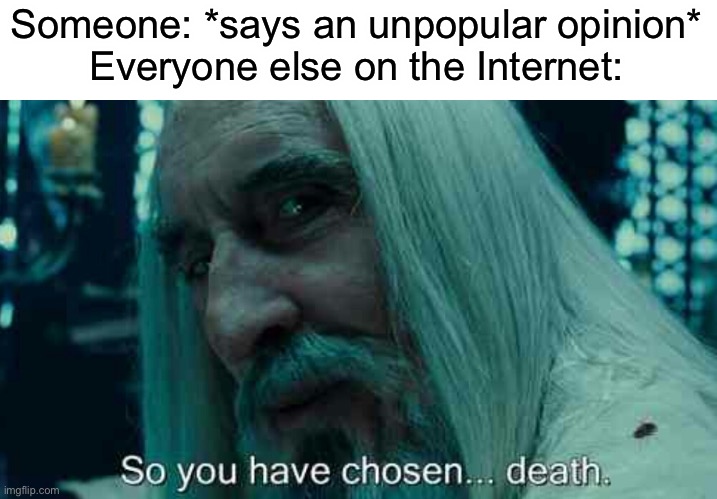 We need to stop hating on those with unpopular opinions |  Someone: *says an unpopular opinion*
Everyone else on the Internet: | image tagged in so you have chosen death,unpopular opinion,opinion,memes,community,internet | made w/ Imgflip meme maker
